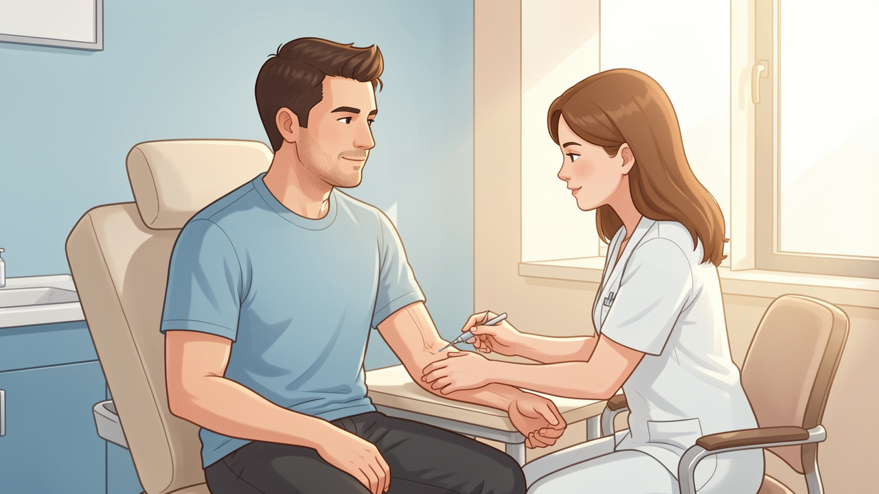 Illustration médicale douce montrant un homme adulte lors d’une prise de sang pour un bilan de testostérone, accompagné par une professionnelle de santé dans une salle de consultation aux couleurs bleu et beige.