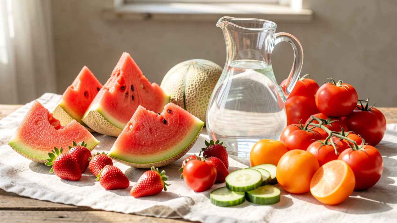 Table estivale lumineuse garnie de pastèque, melon, fraises, concombre, tomates et d’une carafe d’eau fraîche.