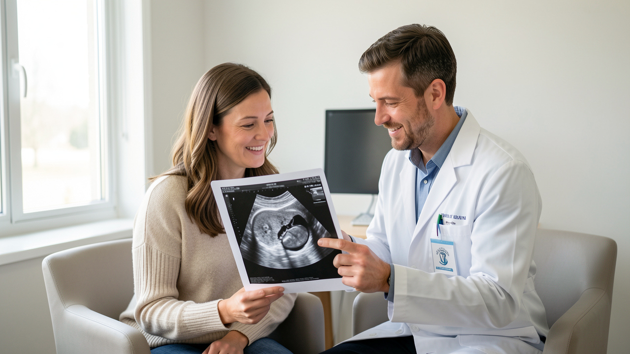 Une patiente adulte et un médecin examinent ensemble une échographie abdominale du foie dans un cabinet lumineux et rassurant.
