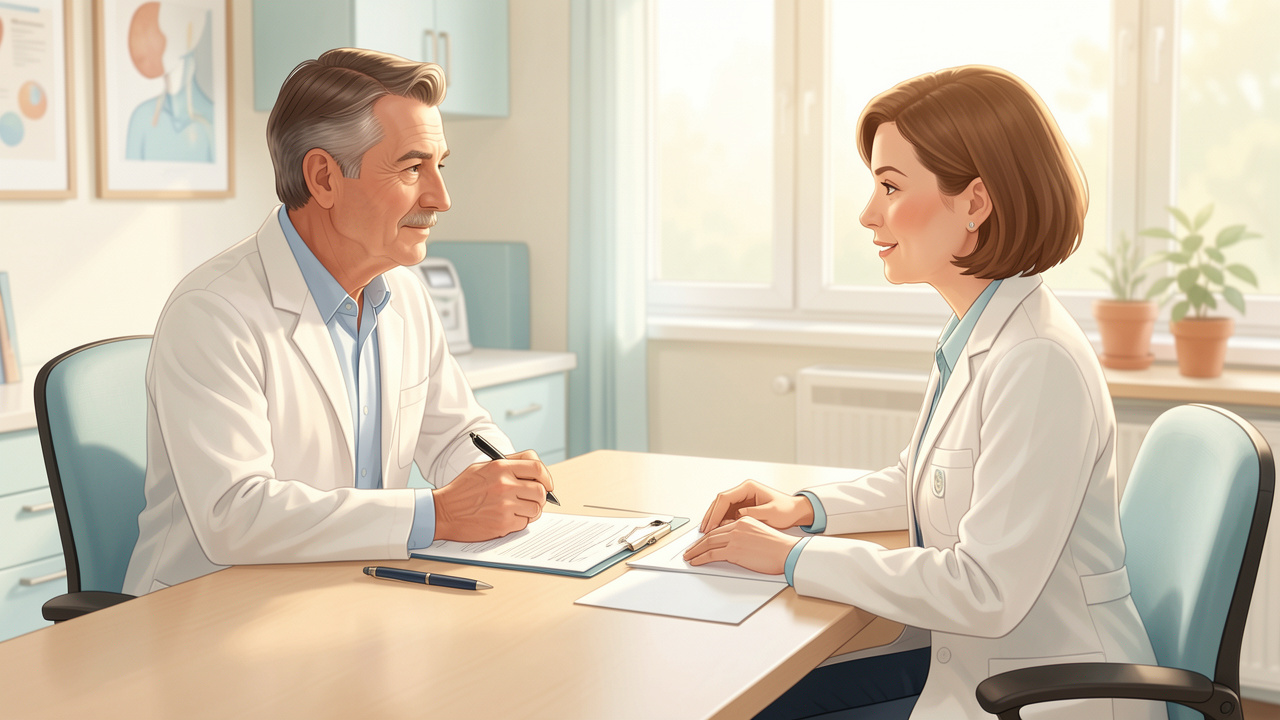 Illustration réaliste et douce d’un homme adulte en consultation médicale confidentielle dans un cabinet lumineux, avec des formulaires vierges disposés sur le bureau.