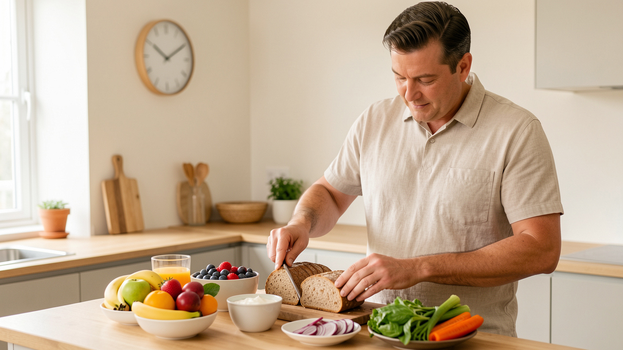 Un homme adulte prépare un petit-déjeuner équilibré dans une cuisine lumineuse, avec des fruits frais, du pain complet, un yaourt et des légumes, tandis qu’une horloge murale est visible en arrière-plan.