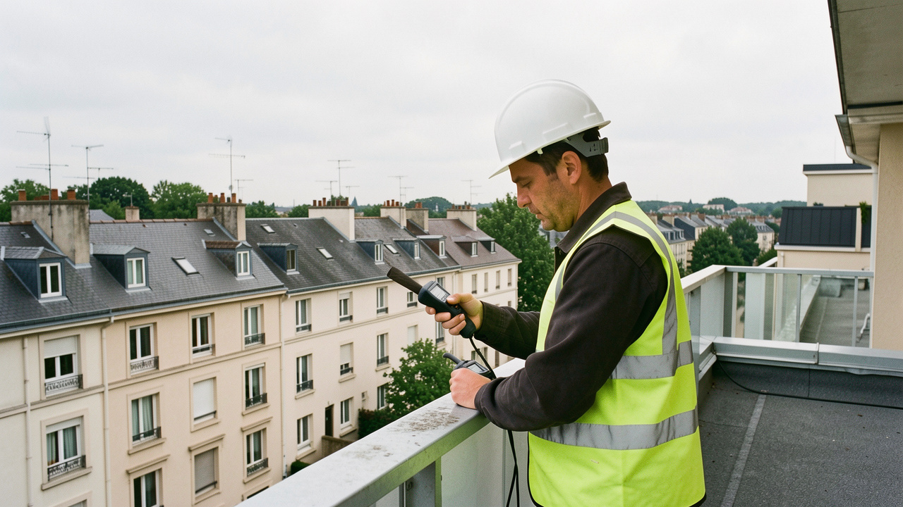 Vue réaliste d’un quartier résidentiel de Rueil-Malmaison avec des toits d’immeubles, des antennes-relais discrètes et un technicien mesurant les ondes sur une terrasse.