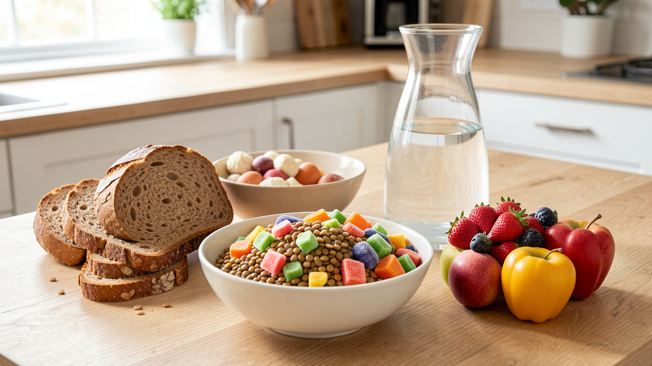 Table de cuisine lumineuse présentant des lentilles, des légumes, du pain complet, des fruits de saison et une carafe d’eau.