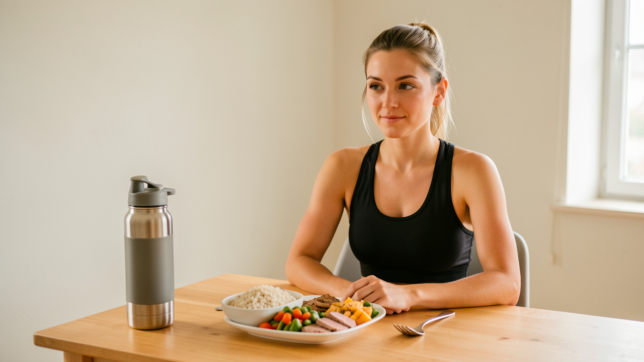 Femme sportive assise après un entraînement, avec une gourde et un repas équilibré composé de céréales, de légumes colorés et de protéines sur une table lumineuse.