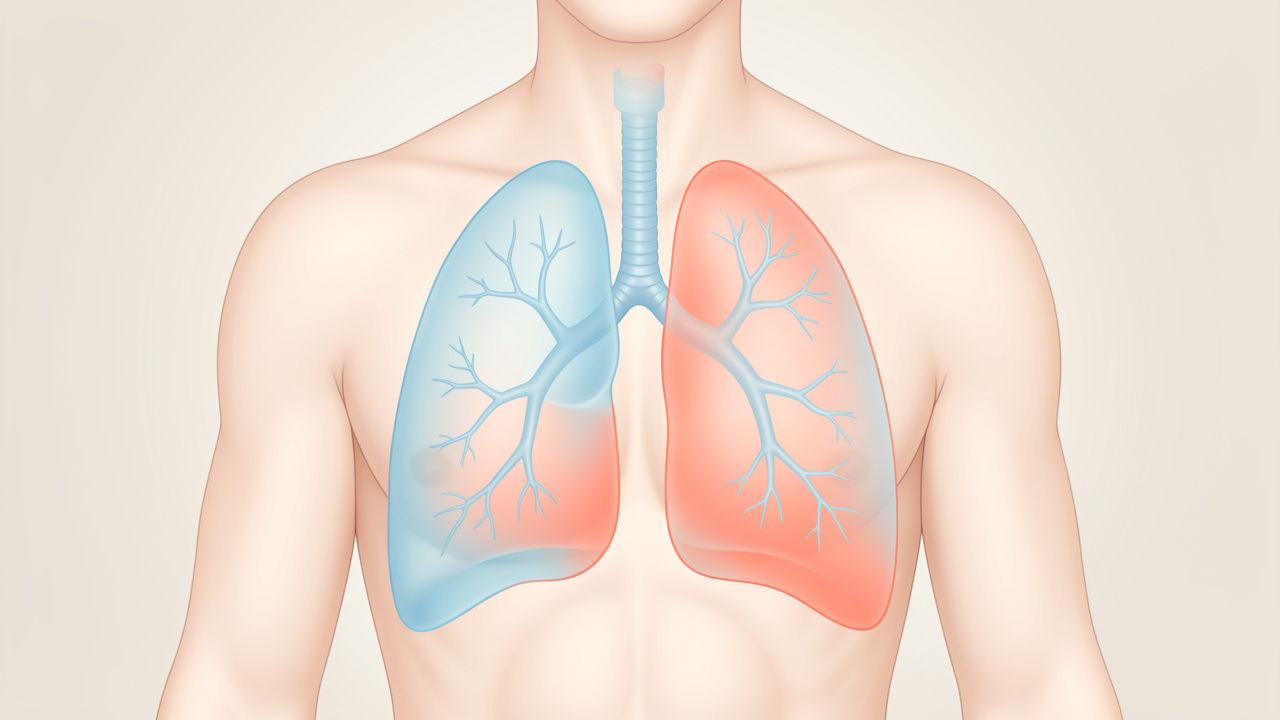 Illustration médicale douce montrant un buste humain avec les poumons visibles et les zones respiratoires mises en évidence dans des tons bleus et corail.