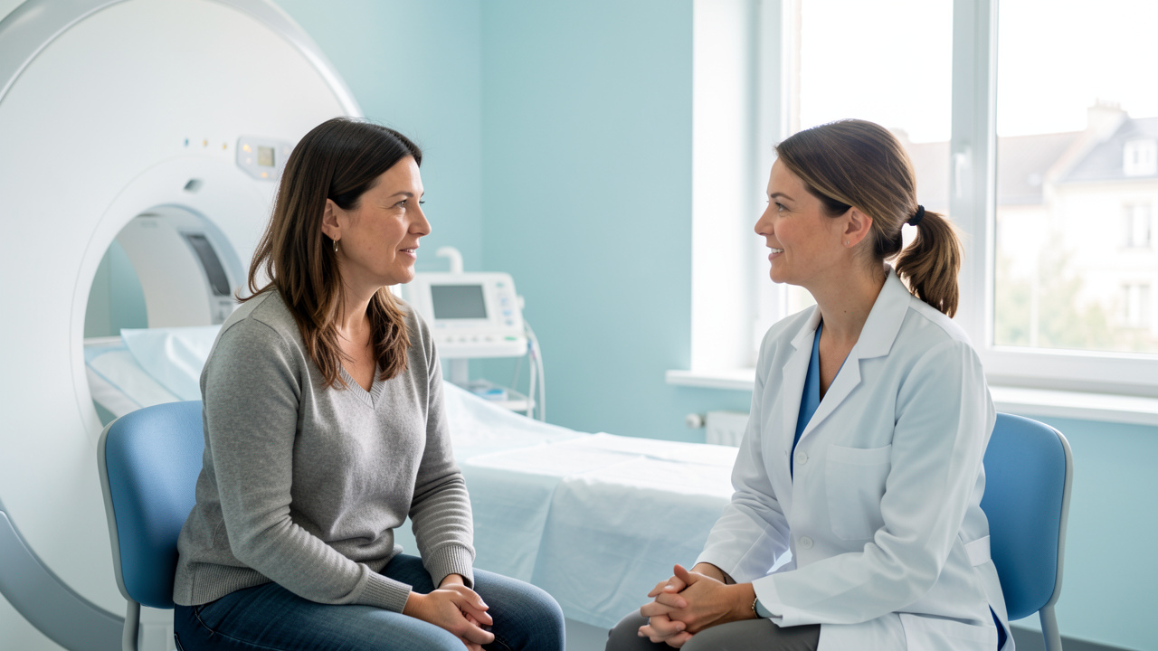Une patiente adulte échange calmement avec une médecin dans une salle clinique lumineuse avant un examen IRM.