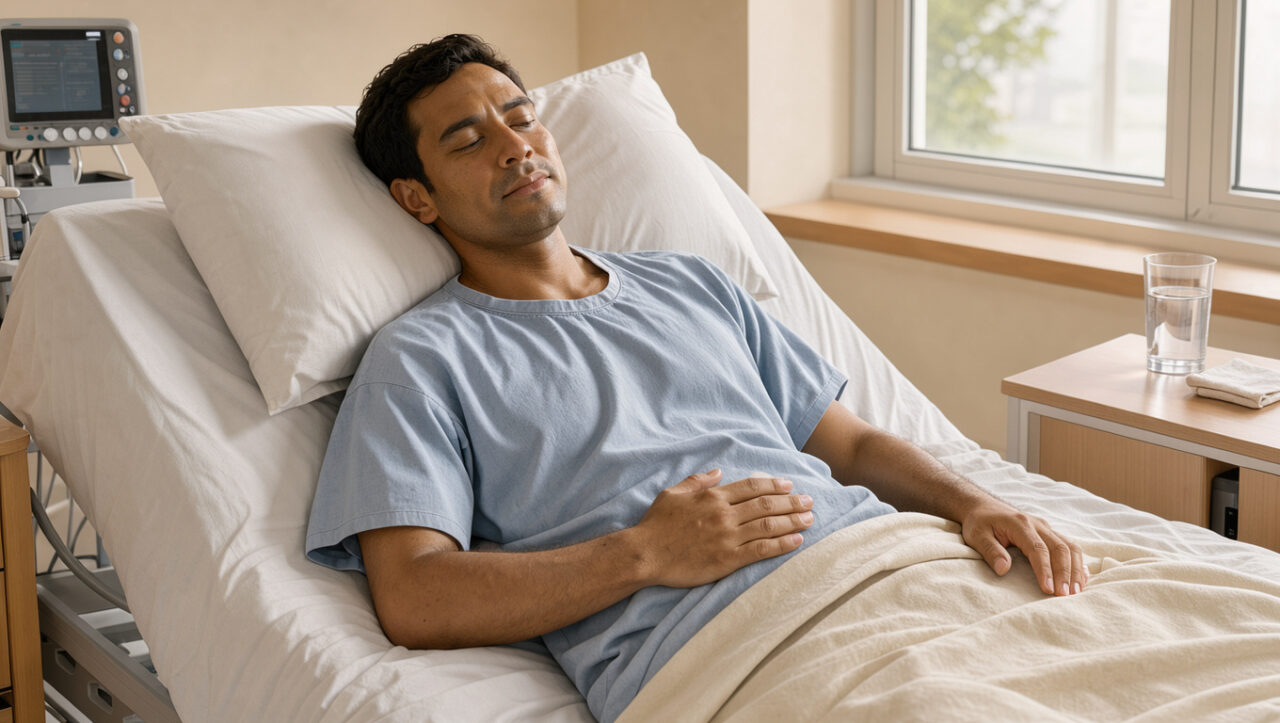 Illustration médicale réaliste et rassurante d’un homme adulte reposant dans un lit, une main posée doucement sur le bas-ventre après une chirurgie de hernie.